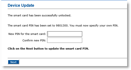 Device Update dialog box with fields for entering and confirming a new PIN